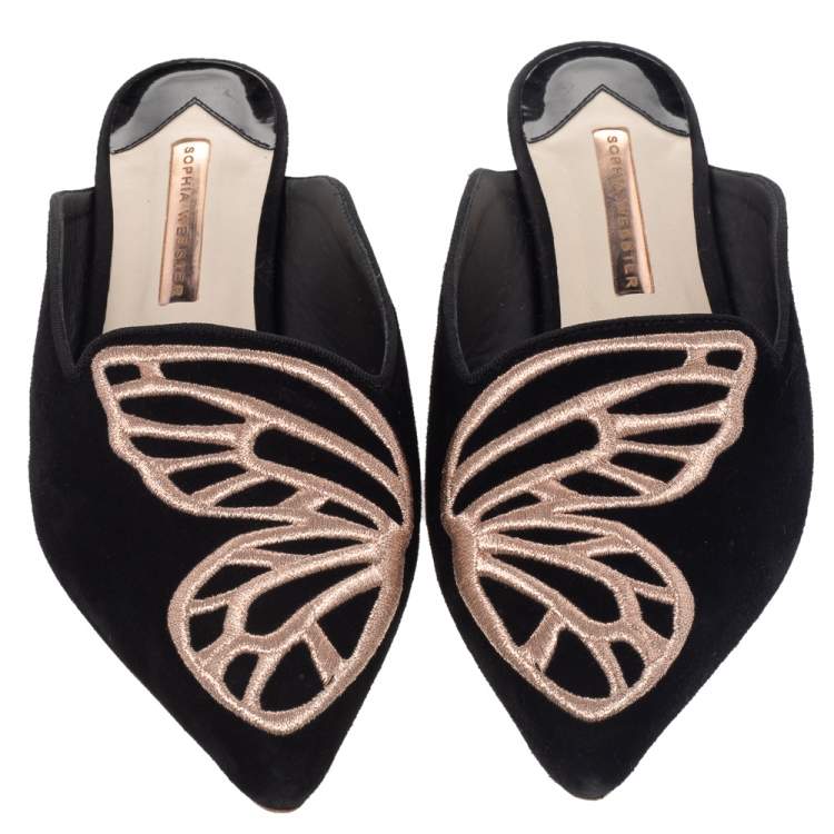 Pre Owned Sophia Webster Black Suede Bibi Butterfly Flat Mules Size 38