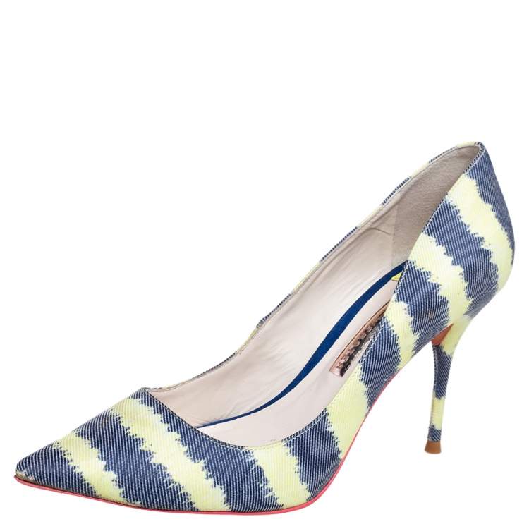 Pre Owned Sophia Webster Green/Blue Striped Denim Pointed Toe Pumps Size 38.5