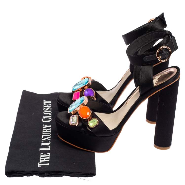 Pre Owned Sophia Webster Black Satin Amanda Gem Platform Sandals Size 38