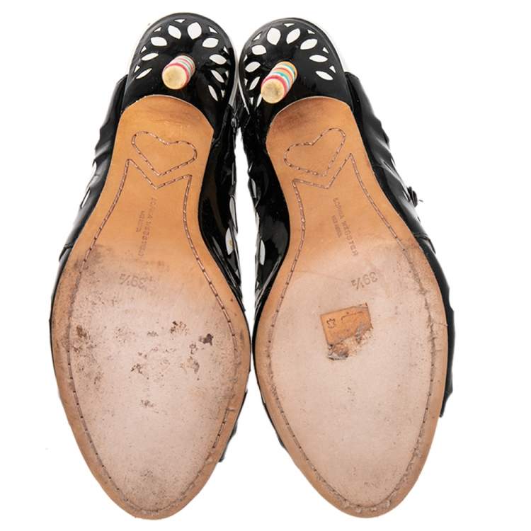 Pre Owned Sophia Webster Black/White Patent Leather and Leather Cutout Sandals Size 39.5