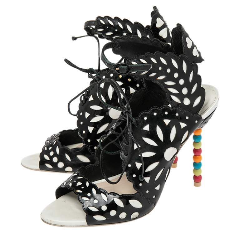 Pre Owned Sophia Webster Black/White Patent Leather and Leather Cutout Sandals Size 39.5