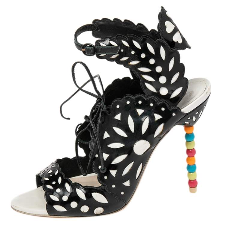 Pre Owned Sophia Webster Black/White Patent Leather and Leather Cutout Sandals Size 39.5