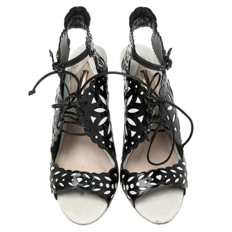 Pre Owned Sophia Webster Black/White Patent Leather and Leather Cutout Sandals Size 39.5