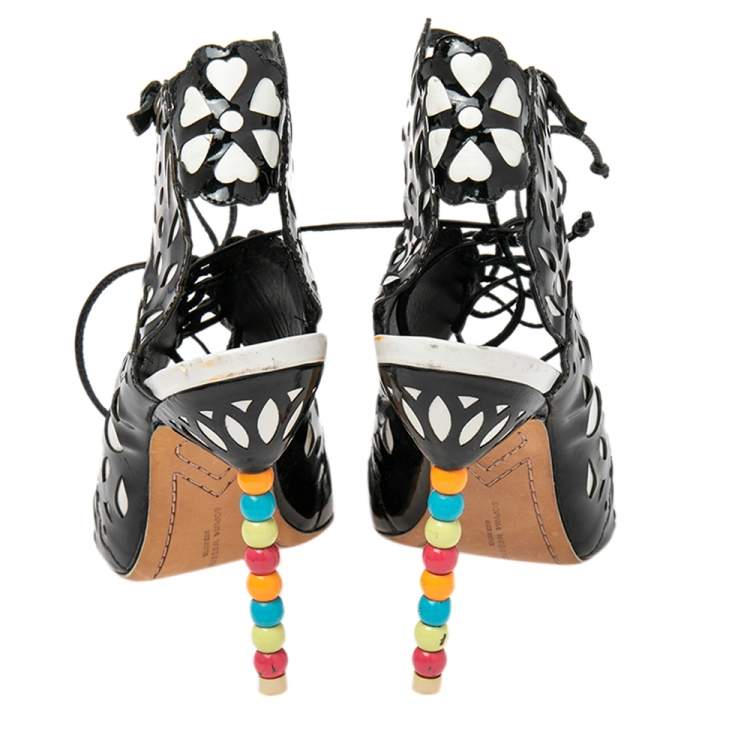Pre Owned Sophia Webster Black/White Patent Leather and Leather Cutout Sandals Size 39.5