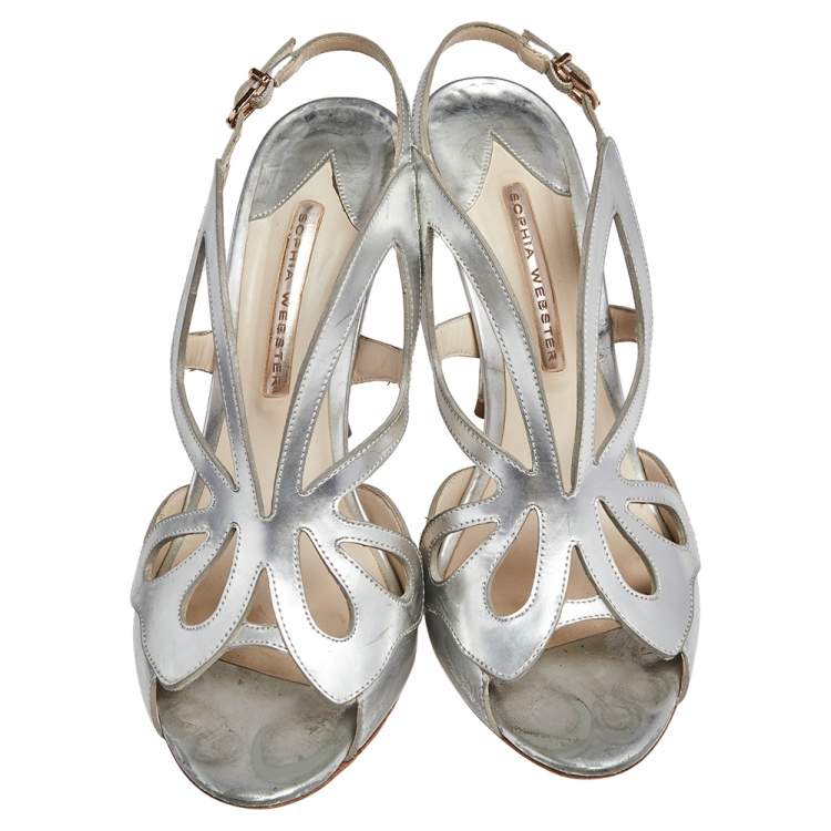 Pre Owned Sophia Webster Silver Leather  Floral Applique Slingback Sandals Size 41