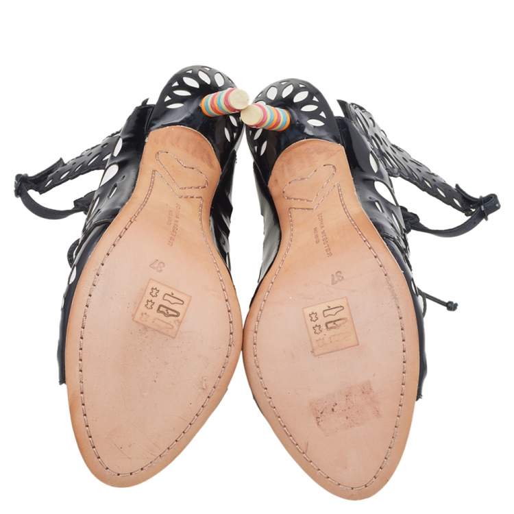 Pre Owned Sophia Webster Black/White Cut Out Patent Leather Keira Doily Sandals Size 37