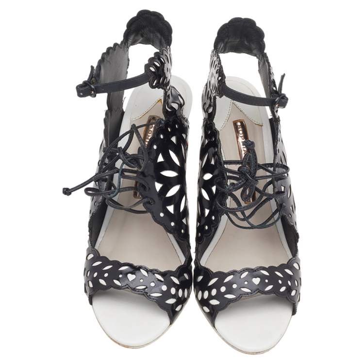 Pre Owned Sophia Webster Black/White Cut Out Patent Leather Keira Doily Sandals Size 37