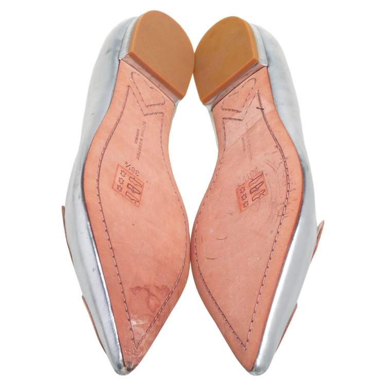 Pre Owned Sophia Webster Silver Leather Bibi Butterfly Pointed Toe Ballet Flats Size 38.5