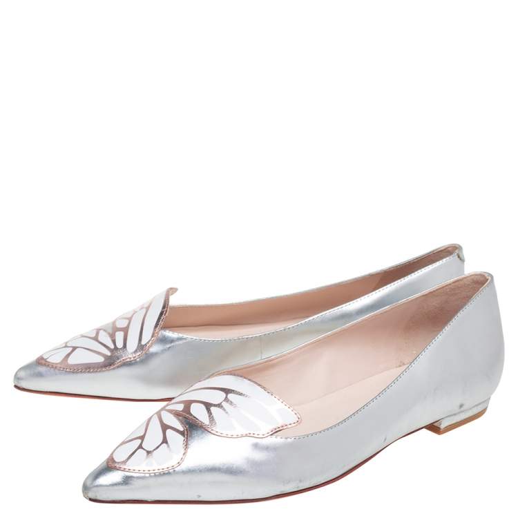 Pre Owned Sophia Webster Silver Leather Bibi Butterfly Pointed Toe Ballet Flats Size 38.5