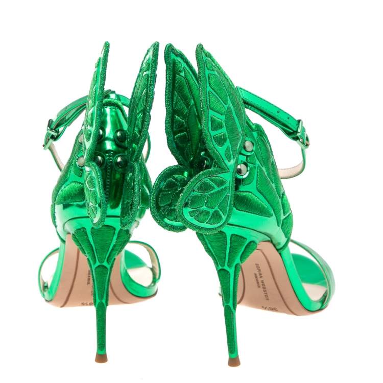 Pre Owned Sophia Webster Metallic Green Leather Chiara Butterfly Wing Open Toe Sandals Size 36.5