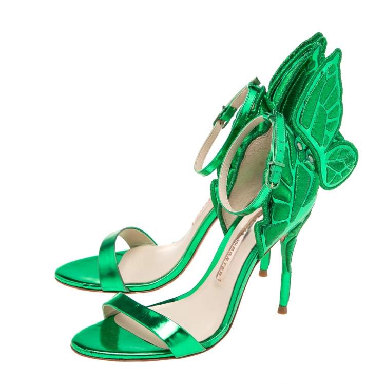 Pre Owned Sophia Webster Metallic Green Leather Chiara Butterfly Wing Open Toe Sandals Size 36.5
