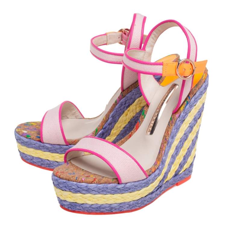 Pre Owned Sophia Webster Multicolor Canvas and Leather Lucita Raffia Wedges Size 36.5
