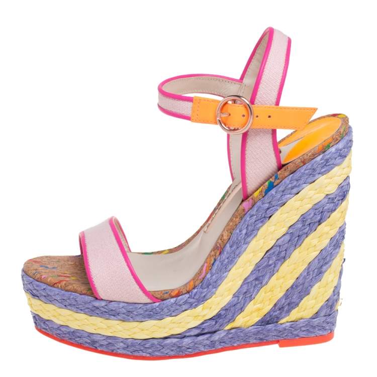 Pre Owned Sophia Webster Multicolor Canvas and Leather Lucita Raffia Wedges Size 36.5