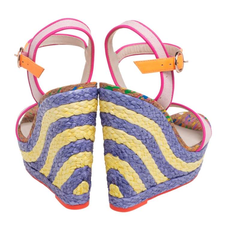 Pre Owned Sophia Webster Multicolor Canvas and Leather Lucita Raffia Wedges Size 36.5