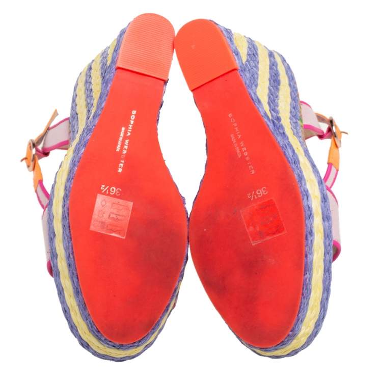 Pre Owned Sophia Webster Multicolor Canvas and Leather Lucita Raffia Wedges Size 36.5