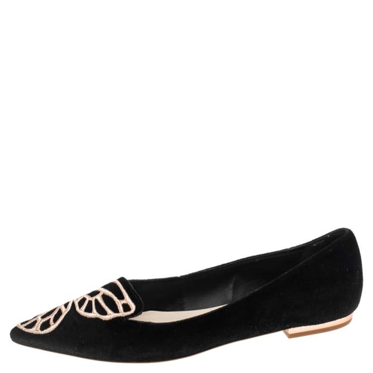 Pre Owned Sophia Webster Black Embroidered Suede Bibi Butterfly Pointed Toe Ballet Flats Size 39.5