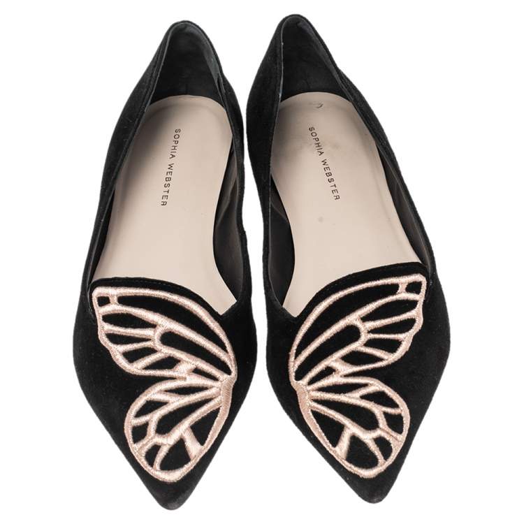 Pre Owned Sophia Webster Black Embroidered Suede Bibi Butterfly Pointed Toe Ballet Flats Size 39.5