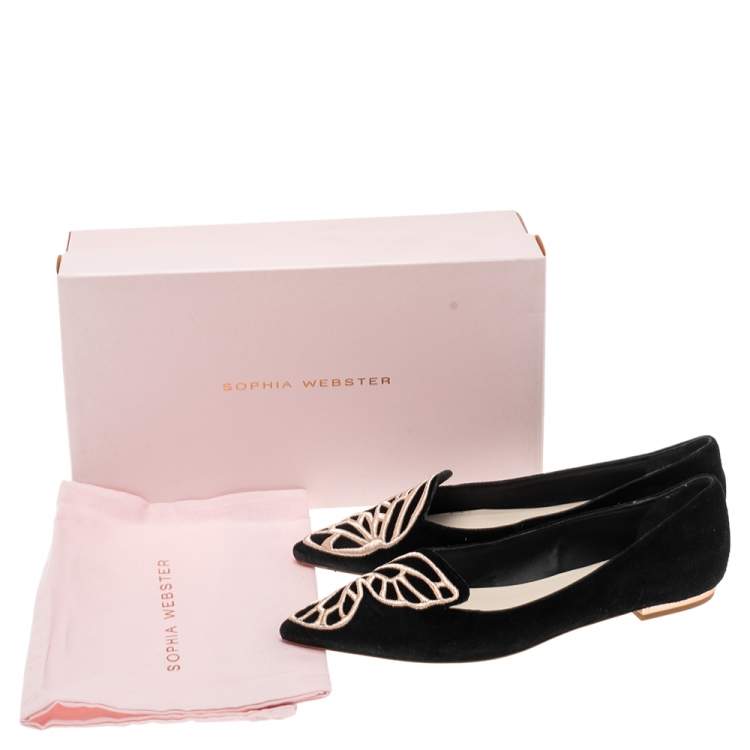 Pre Owned Sophia Webster Black Embroidered Suede Bibi Butterfly Pointed Toe Ballet Flats Size 39.5