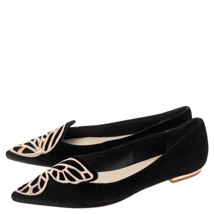 Pre Owned Sophia Webster Black Embroidered Suede Bibi Butterfly Pointed Toe Ballet Flats Size 39.5