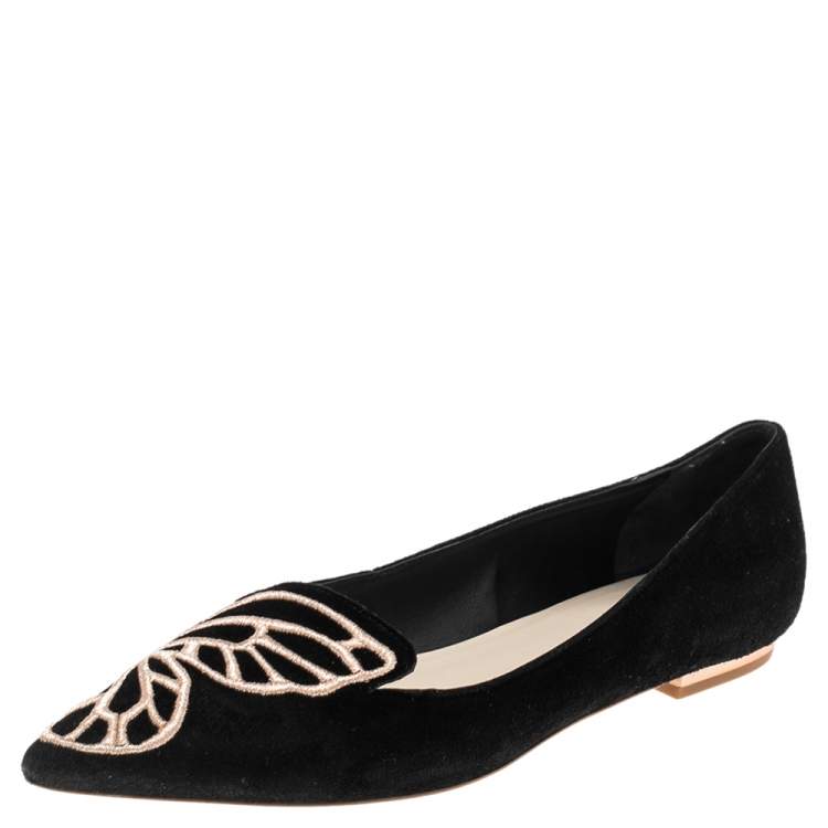 Pre Owned Sophia Webster Black Embroidered Suede Bibi Butterfly Pointed Toe Ballet Flats Size 39.5