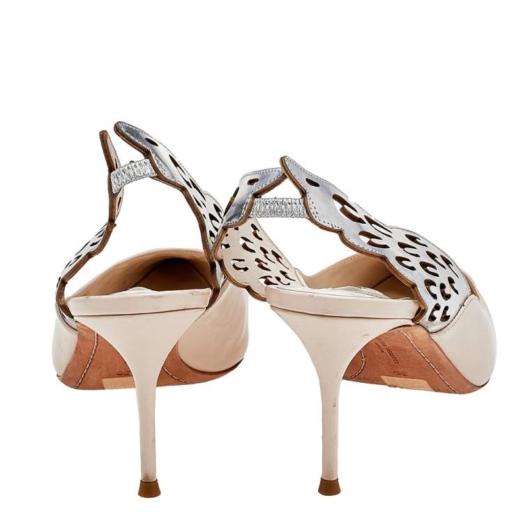 Pre Owned Sophia Webster Silver/Nude Leather Angelo Slingback Pumps Size 39