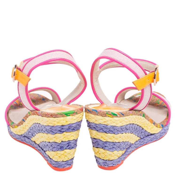 Pre Owned Sophia Webster Multicolor Leather And Canvas Lucita Rafia Wedges Size 37