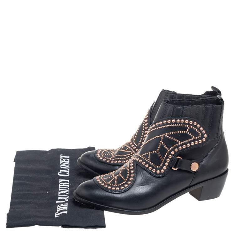 مملوكة مسبقًا Sophia Webster Black Leather Karina Butterfly Studded Ankle Boots Size 37