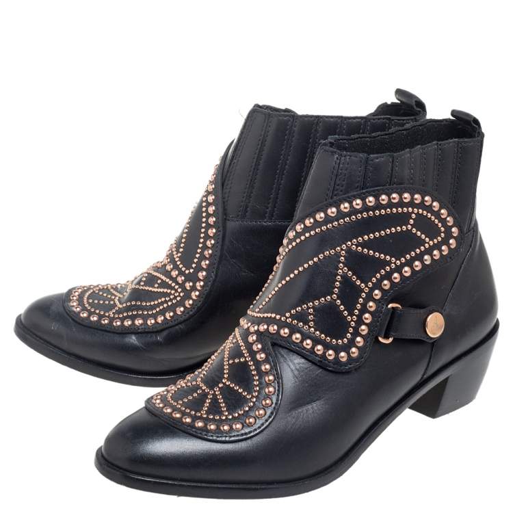 مملوكة مسبقًا Sophia Webster Black Leather Karina Butterfly Studded Ankle Boots Size 37