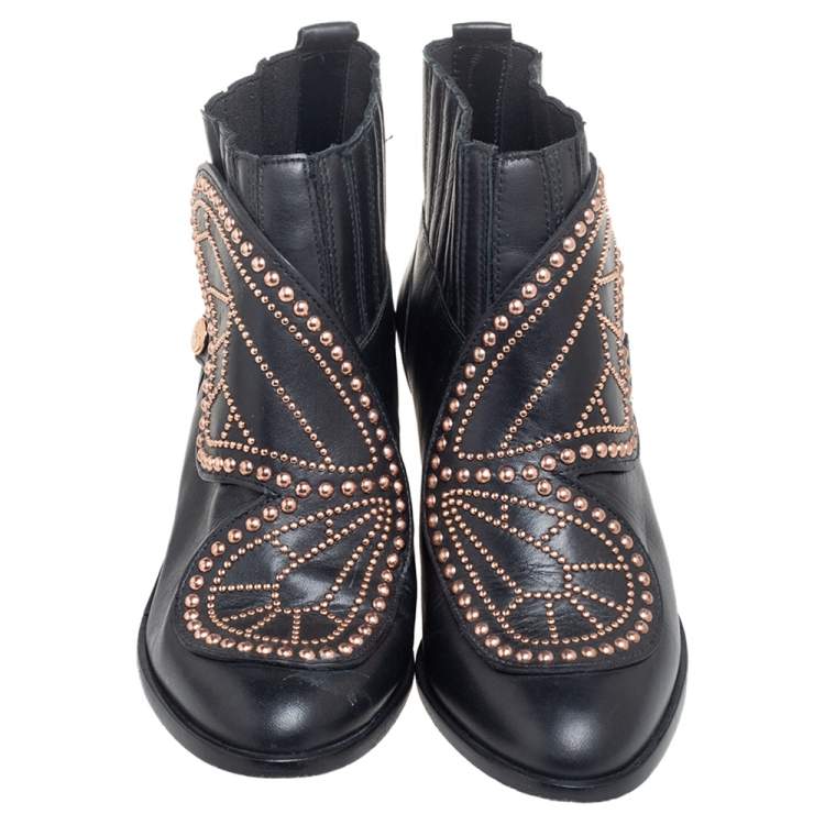 مملوكة مسبقًا Sophia Webster Black Leather Karina Butterfly Studded Ankle Boots Size 37