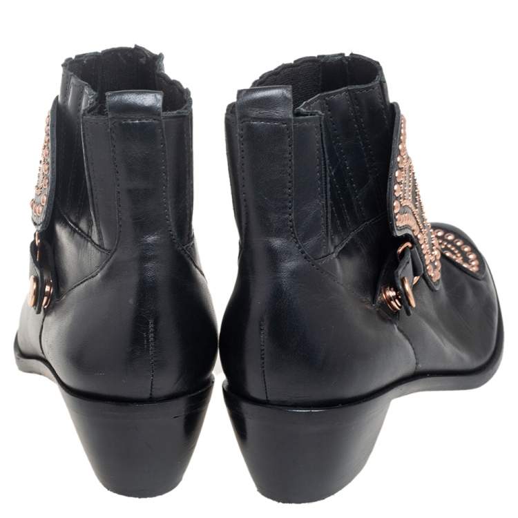 مملوكة مسبقًا Sophia Webster Black Leather Karina Butterfly Studded Ankle Boots Size 37