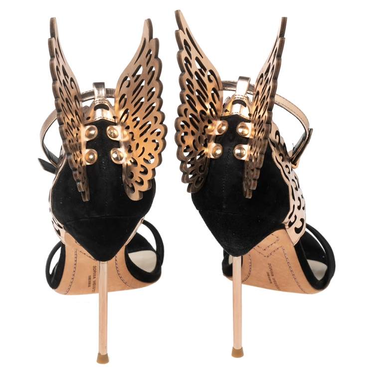 مملوكة مسبقًا Sophia Webster Black Suede and Laser Cut Rose Gold Leather Evangeline Sandals Size 39