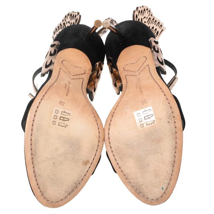 مملوكة مسبقًا Sophia Webster Black Suede and Laser Cut Rose Gold Leather Evangeline Sandals Size 39