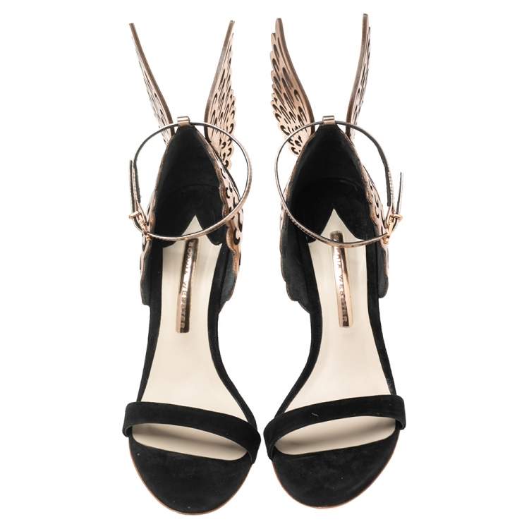 مملوكة مسبقًا Sophia Webster Black Suede and Laser Cut Rose Gold Leather Evangeline Sandals Size 39