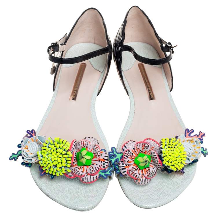 Pre Owned Sophia Webster Multicolor Patent And Leather Lilico Underwater Floral Embellished Flat Sandals Size 42
