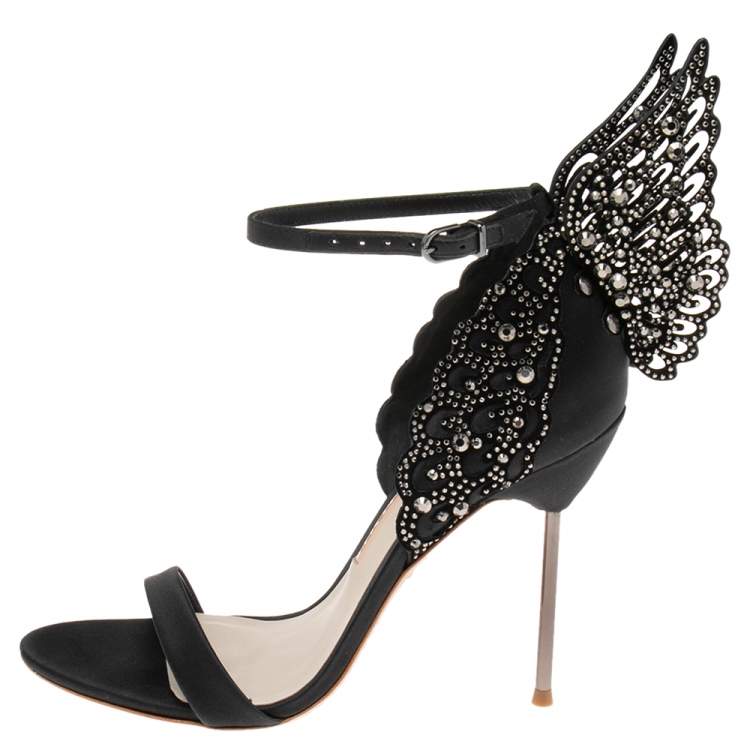 Pre Owned Sophia Webster Black Satin and Studs Embellished Cut-Out Suede Evangeline Ankle-Strap Sandals Size 39