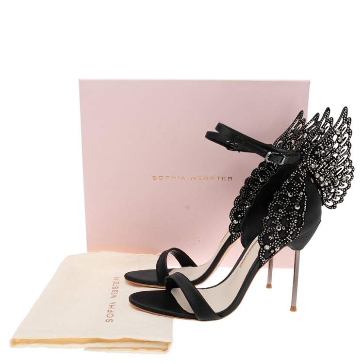 Pre Owned Sophia Webster Black Satin and Studs Embellished Cut-Out Suede Evangeline Ankle-Strap Sandals Size 39