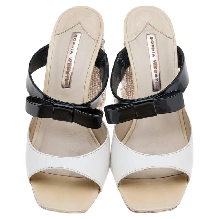 Pre Owned Sophia Webster White/Black Patent Leather Crystal Block Heel Sandals Size 39
