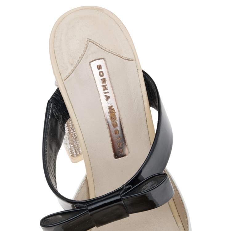 Pre Owned Sophia Webster White/Black Patent Leather Crystal Block Heel Sandals Size 39