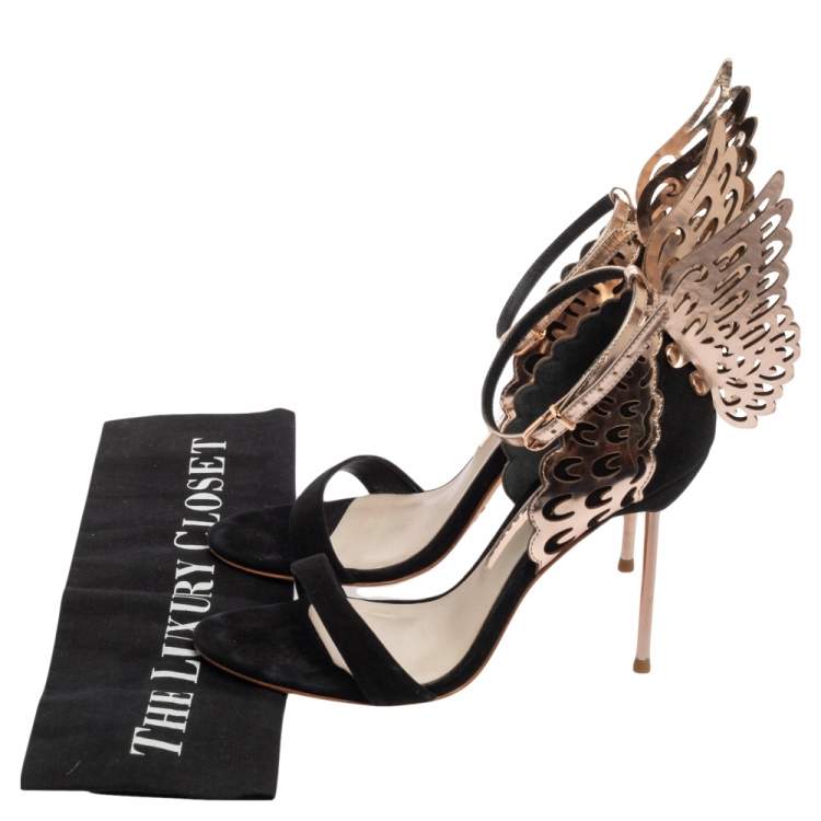Pre Owned Sophia Webster Black Suede Evangeline Angel Wing Ankle-Strap Sandals Size 37.5