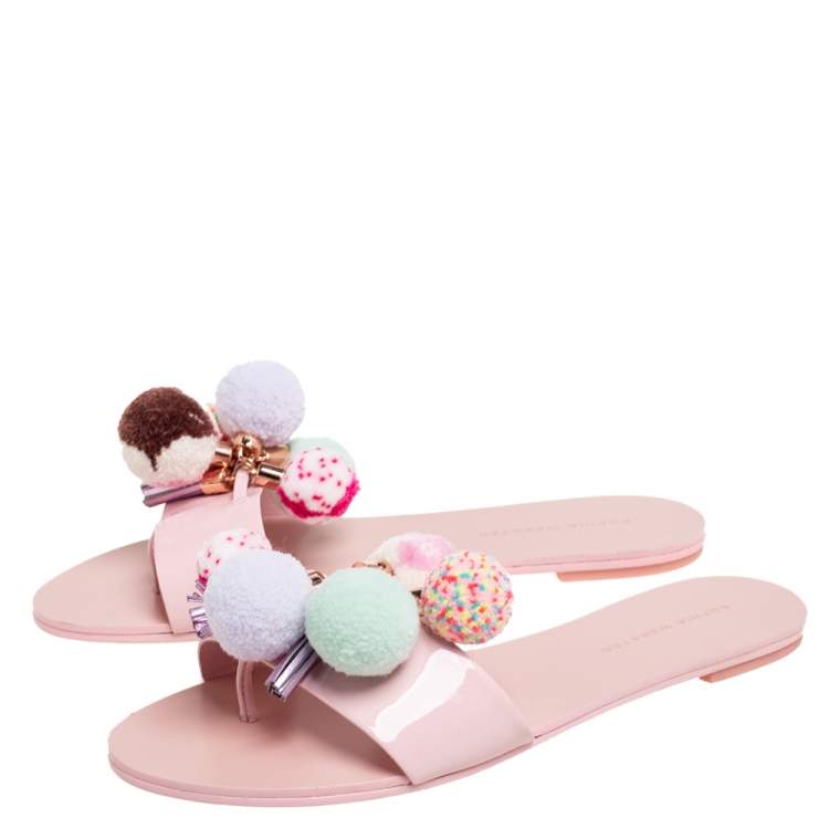 Pre Owned Sophia Webster Blush Pink Patent Leather Jada Pom Pom Flat Slide Sandals Size 39