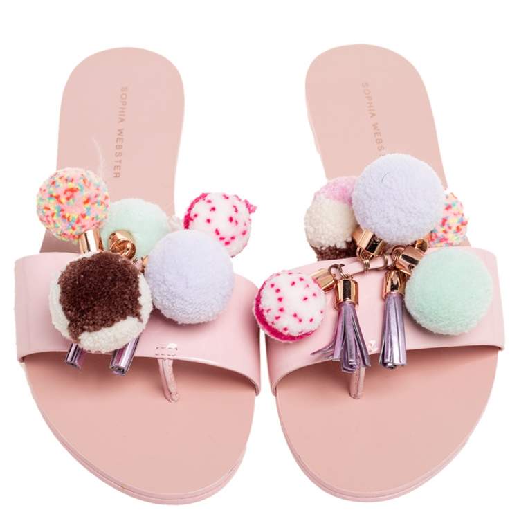 Pre Owned Sophia Webster Blush Pink Patent Leather Jada Pom Pom Flat Slide Sandals Size 39