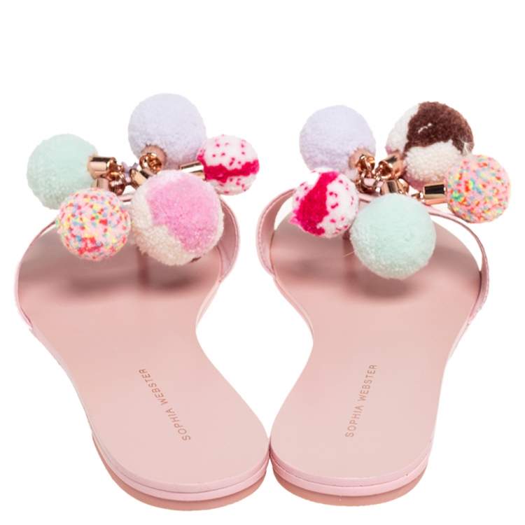 Pre Owned Sophia Webster Blush Pink Patent Leather Jada Pom Pom Flat Slide Sandals Size 39