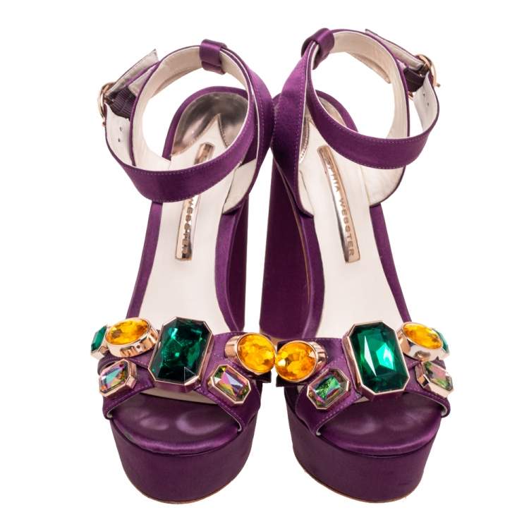 Pre Owned Sophia Webster Purple Satin Crystal Embellished Ankle Sandals Size 38.5