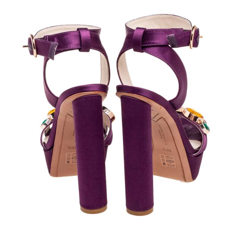 Pre Owned Sophia Webster Purple Satin Crystal Embellished Ankle Sandals Size 38.5