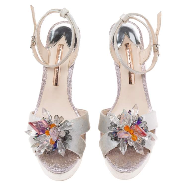 مملوكة مسبقًا Sophia Webster Silver Velvet Glacia Embellished Platform Ankle Strap Sandals Size 40