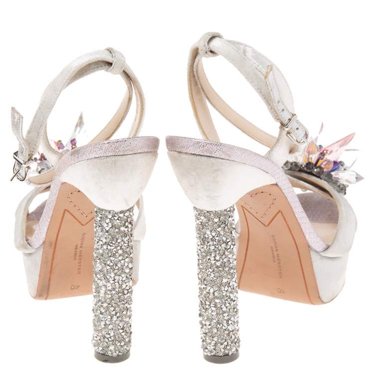 مملوكة مسبقًا Sophia Webster Silver Velvet Glacia Embellished Platform Ankle Strap Sandals Size 40