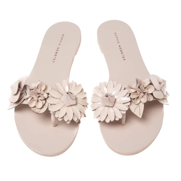 Pre Owned Sophia Webster Beige Patent Leather Lilico Flower Embellished Flat Slides Size 37