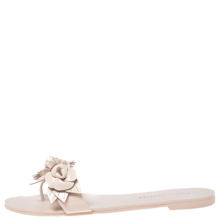 Pre Owned Sophia Webster Beige Patent Leather Lilico Flower Embellished Flat Slides Size 37