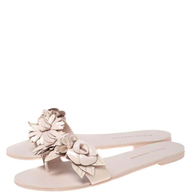 Pre Owned Sophia Webster Beige Patent Leather Lilico Flower Embellished Flat Slides Size 37