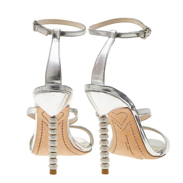 Pre Owned Sophia Webster Silver Leather Rosalind Crystal Heel Ankle Strap Sandals Size 38